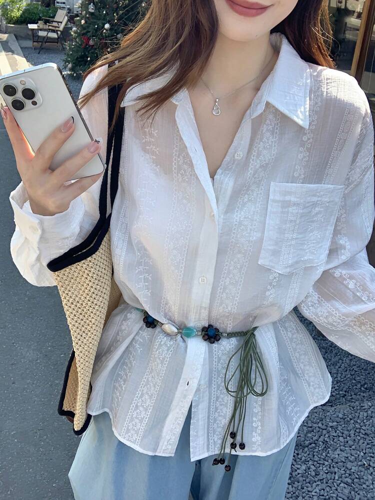 Women's Long Sleeve Embroidered Floral Sheer Casual Loose Blouse Summer