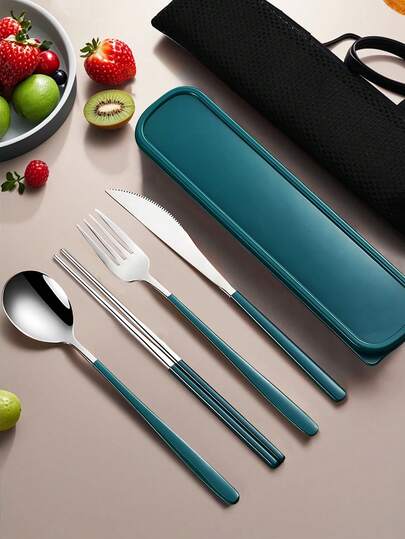 Ustensiles de voyage, set de couverts de voyage avec étui, set de couverts portable en acier inoxydable 18/8 réutilisable pour le camping, comprenant fourchette, cuillère, baguettes avec étui, pour la cuisine occidentale, la cuisine, la boîte à lunch, le bureau, le pique-nique, l'alimentation quotidienne, Noël, diverses combinaisons disponibles pour les cadeaux de Noël