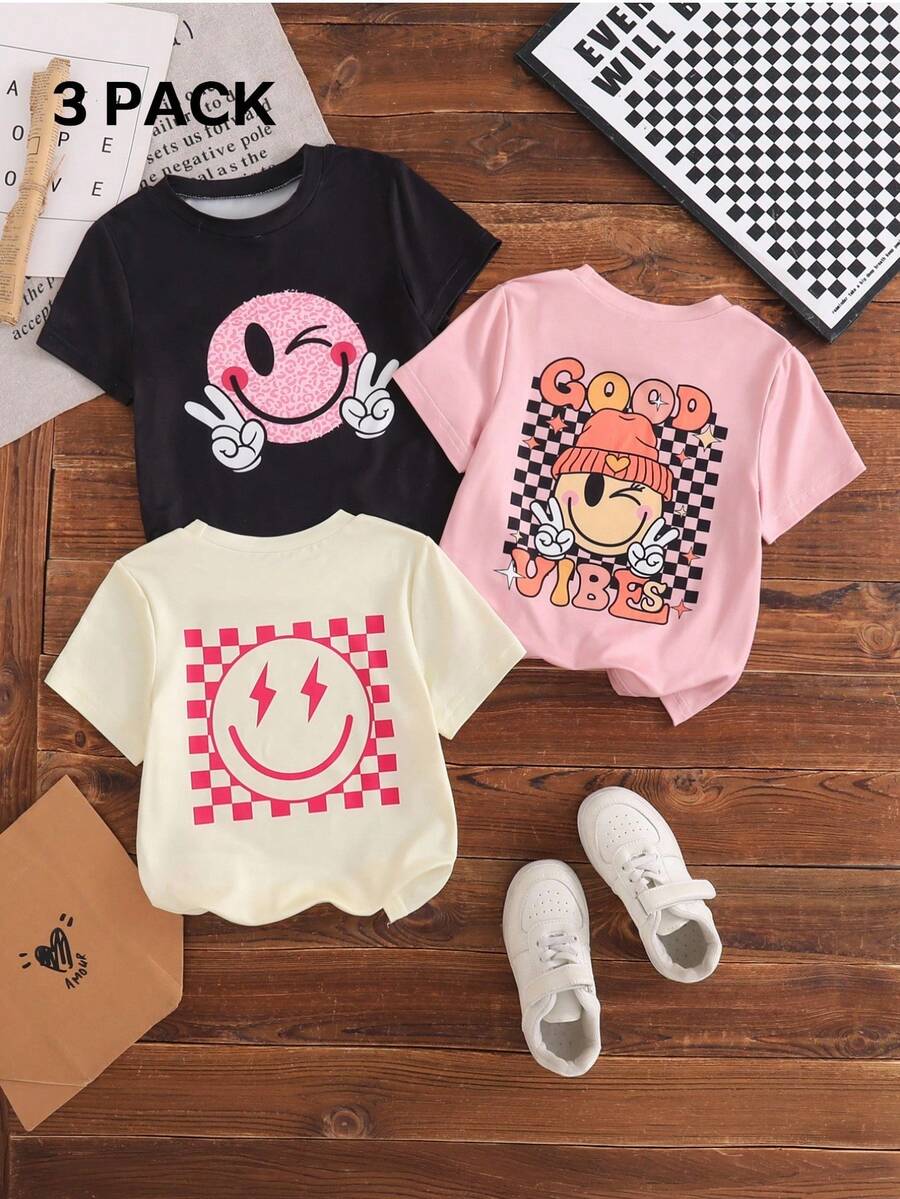 3pcs/Set Girls' Cute Face Print Short Sleeve T-Shirts, Available In Cream Yellow/Black/Pink, Adorable Front Design & Back Pattern, Suitable For Casual Outings, Outdoor Activities, Weekend Trips, Comfortable & Stylish - Multicolor - View 1