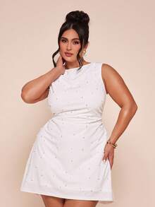 SHEIN BAE 大码女式无袖V领腰部褶皱串珠后背拉链连衣裙，春夏款 - 白色 - 查看 6