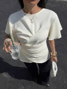 Siren Gaze 女士纯色圆领荷叶边时尚百搭约会外出衬衫，荷叶边袖子 - 杏色 - 查看 6