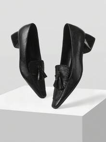 Mnmlis Women's Fashion Fringed Flower Spike Small Square Toe Thick Heel High Heel Shoes - Black - View 6