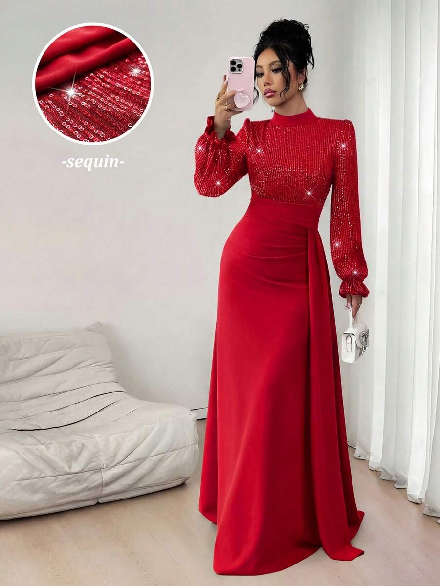 SHEIN Elenzya 女士优雅亮片装饰长袖收腰连衣裙，适合宴会、派对、婚礼宾客、新年、圣诞节等场合。 - 紅色 - 查看 1
