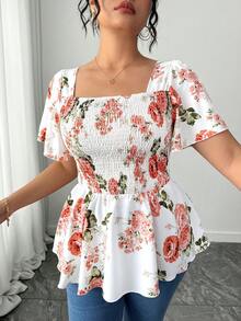 Elenzga Cămașă elegantă de vacanță cu imprimeu floral francez, mărime mare - Multicolor - Vizualizare 1
