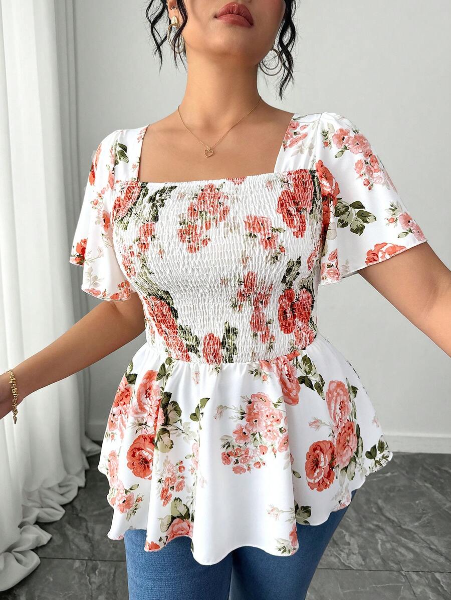 Elenzga Cămașă elegantă de vacanță cu imprimeu floral francez, mărime mare - Multicolor - Vizualizare 1