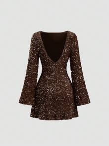 Cravure 大码女士优雅时尚派对圆领收腰亮片喇叭长袖连衣裙，春夏款 - 咖啡棕 - 查看 2