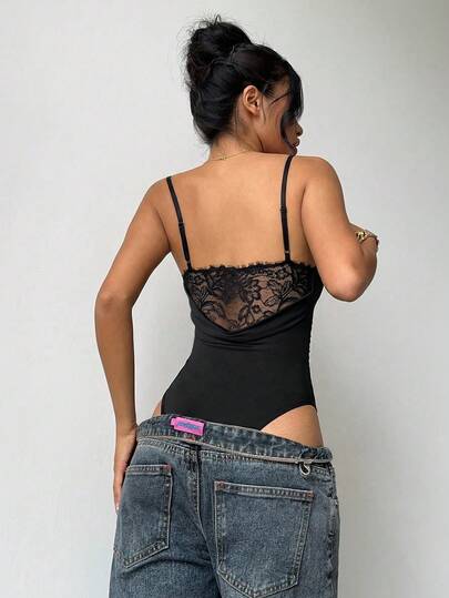 Aloruh Women's Sexy Party Bodysuit With Solid Color Deep V-Neck Backless Lace Trim - Elegant Resort Party Outfit For Women - Low-Cut Neckline, Backless Lace Trim Bodysuit, Suitable For Romantic Dates, Girls' Night Out, Vacation Events, Cocktail Parties, Women's Black Bodysuit.