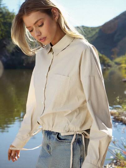 WESTFADE 条纹抽绳腰带纽扣衬衫