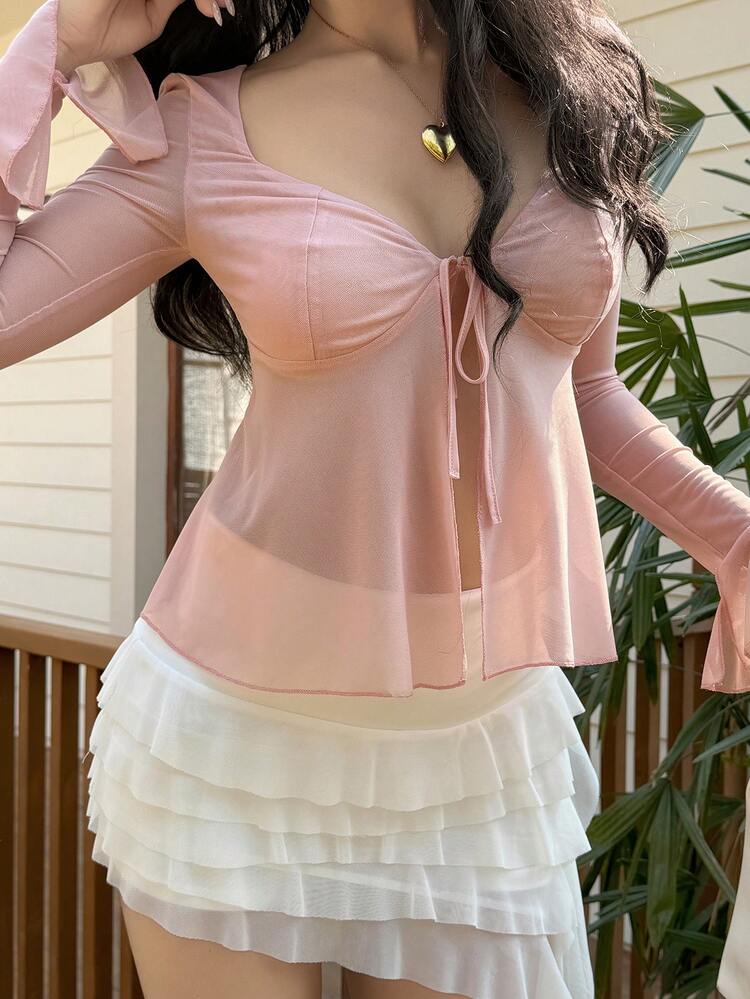 Spring/Summer Pink Blouse, Casual Vacation Beach Chiffon Crop Top With Front Tie, Fitted Waist, Flare Sleeves, Ruffle Hem, Sheer Lightweight Shirt For Women Long Sleeve Tops Women Y2k
