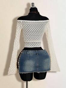 SHEIN ICON Women's Off-Shoulder Long Sleeve Lace Sheer Sexy Blouse - Beige - View 7