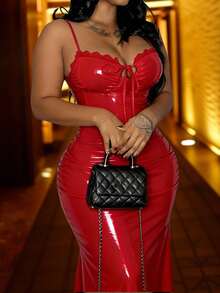 Slaydiva Mới/Lễ Phục Sinh/Phong cách phương Tây/Ngày lễ Năm Mới/Ngày Valentine/Thời trang đường phố gợi cảm dành cho nữ/Đầm ôm sát gợi cảm Gyaru dành cho ngày Valentine cỡ lớn bằng chất liệu PU, dây mảnh - Màu đỏ - Đỏ - Xem 4