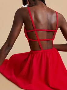 Travachic Váy yếm ren trái tim đỏ lãng mạn mùa hè dành cho nữ - Đỏ - Xem 2