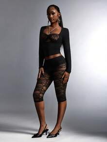 Amplova Áo tay dài cổ tim với chi tiết ren ở cúp ngực và lớp lót, gợi cảm và thoải mái, thích hợp cho mùa xuân, thu/đông, áo khoác ngoài cho nữ, áo corset gợi cảm, áo đen gợi cảm. - màu đen - Xem 5