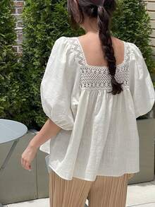 DAZY 法式优雅衬衫，甜美青春设计，小众镂空蕾丝娃娃领短袖女式衬衫，夏季款 - 米色 - 查看 2