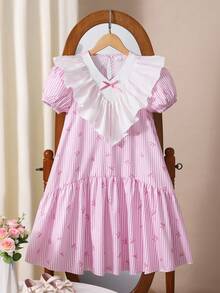 SHEIN 1pc Girls' Sweet Vacation Style Ruffle V-Neck Puff Sleeve Striped Bow Print A-Line Dress, Suitable For Spring/Summer Travel, Vacation, Beach Wear - Pink - View 3