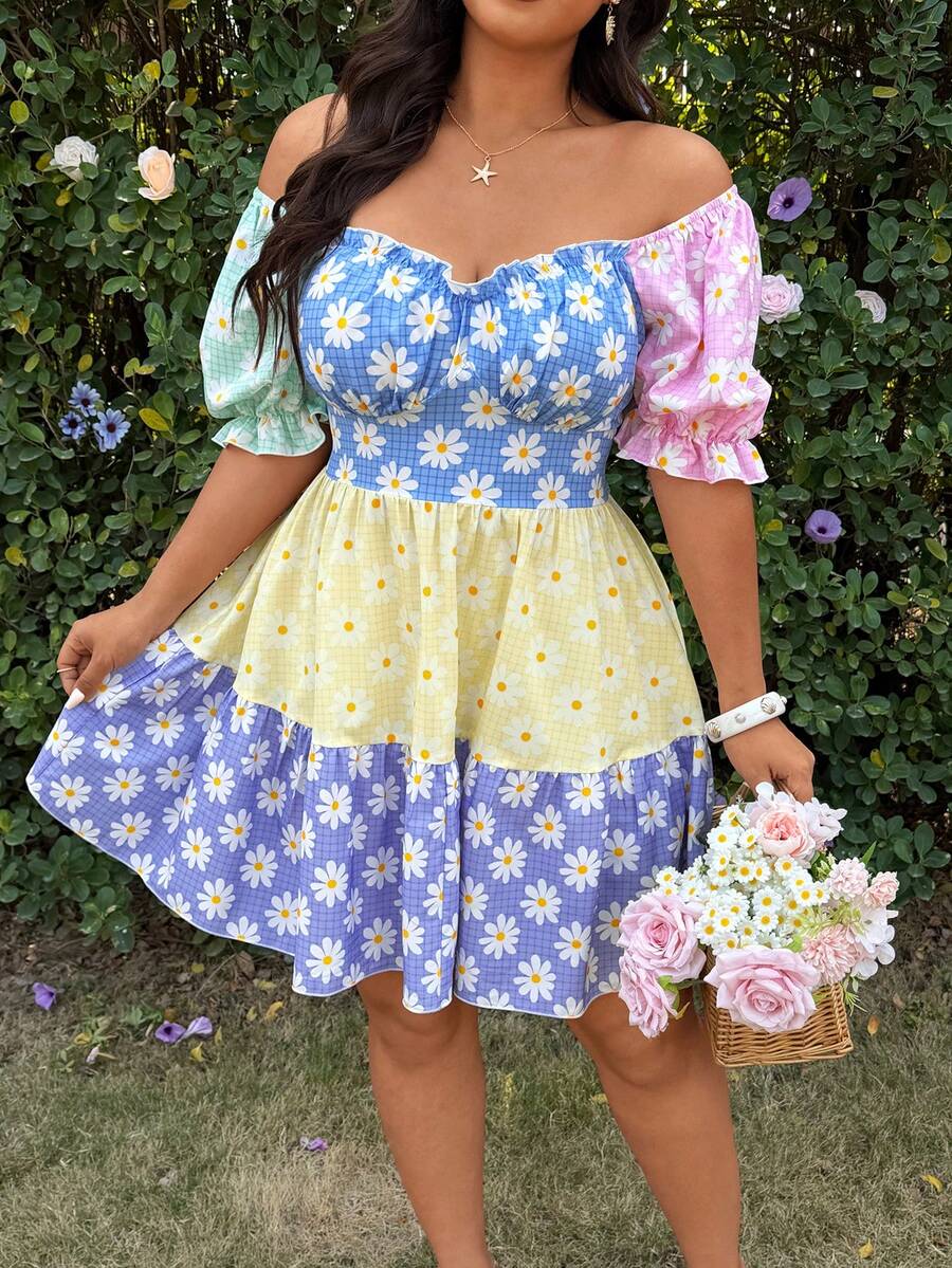 Sunnyshic Plus Size Fashionable Sexy Halter High Slit Dress, Suitable For Parties, Music Festivals Patchwork Dress Daisy Dress Picnic Dress Wildflower Dress - Gold - View 1