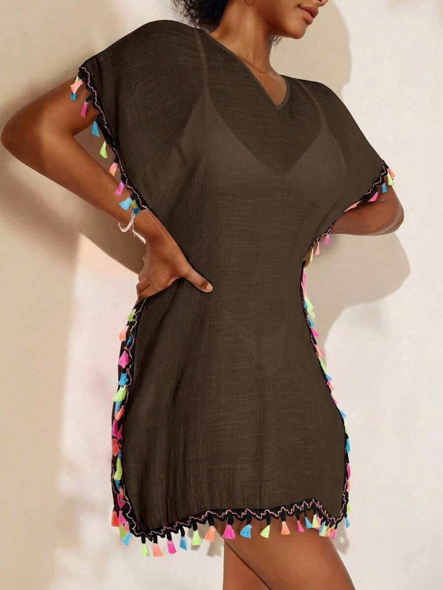 Swim Vcay 女士彩色装饰薄纱休闲罩衫 - 咖啡棕 - 查看 1