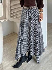 DAZY Women's Casual Commuter Plaid Asymmetric Hem Skirt - Navy Blue - View 6