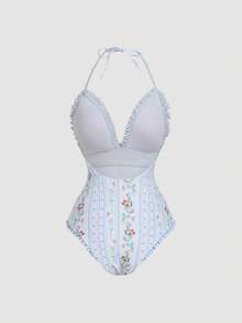 SHEIN MOD 女士性感露背碎花连体泳衣，度假款 - 藍白色 - 查看 4