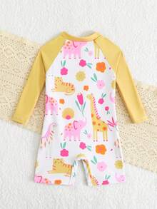 SHEIN 1件装女童可爱动物园印花长袖连体泳衣，防晒，夏季女童防晒泳衣，带拉链长袖泳衣，连体泳衣，长袖短裤泳衣，青少年女童防晒泳衣，长袖泳衣，少女长袖泳衣，女童防晒泳衣，女童长袖可爱泳衣，带拉链长袖泳衣，带袖服装，防晒度假服，沙滩服，儿童 - 黃色 - 查看 3