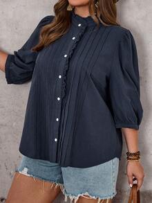 EMERY ROSE Plus Size Pleated Front Button Casual Versatile Shirt For Summer/ Vacation Beach Holiday Casual Going Out Tops Button Up Top - Navy Blue - View 5