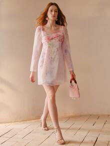 PREMIUM WOMEN'S FLORAL PRINTED FOLD PLEATED MINI DRESS - Pink - View 4