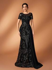 优雅奢华的珍珠串珠刺绣蕾丝拼接弹力亮片薄纱袖美人鱼连衣裙，适合婚礼、派对、度假、舞会、节日、新娘、新娘母亲、晚礼服等场合。 - 黑色 - 查看 6