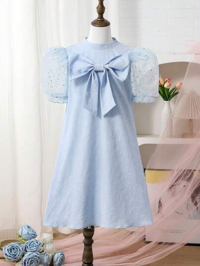 Tween Girls' Elegant Floral Contrast Mesh Bow Dress, Suitable For Party And Gathering, Short Sleeve