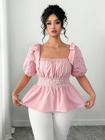 Elenzga 女士甜美优雅蝴蝶结珍珠装饰短袖衬衫