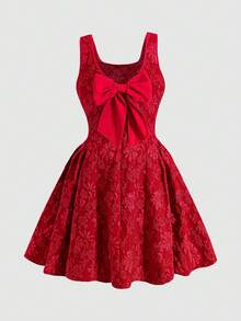 SHEIN Tween Girl Elegant Textured Jacquard U-Neck Bowknot Back Splice A-Line Sleeveless Woven Dress, Red, Suitable For Valentine's Day, Wedding Season - Red - View 2