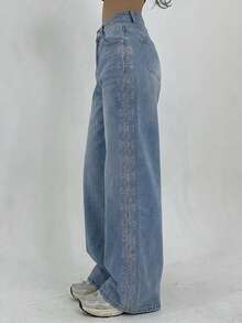 DAZY Women's Rhinestone Bow Pocket Wide Leg Loose Casual Jeans Y2k - Blue - View 1