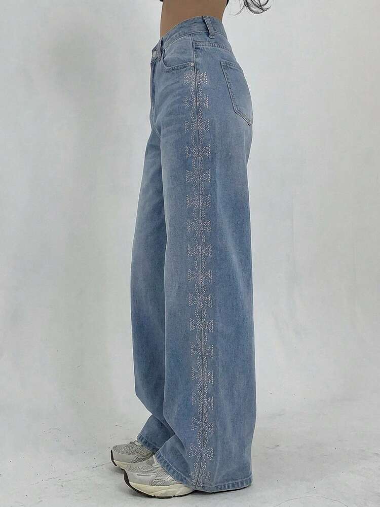 Women's Rhinestone Bow Pocket Wide Leg Loose Casual Jeans Y2k