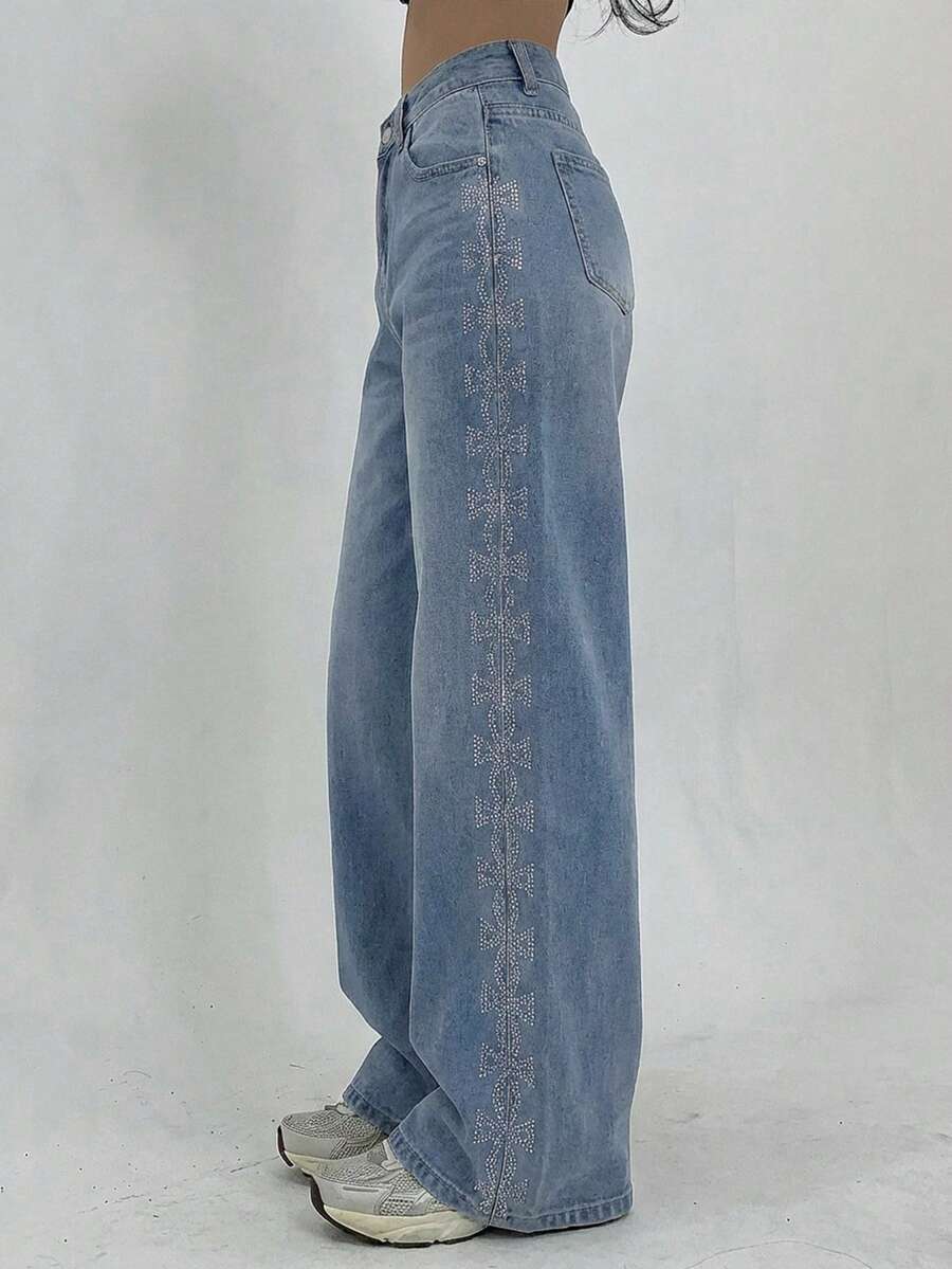 DAZY Women's Rhinestone Bow Pocket Wide Leg Loose Casual Jeans Y2k - Blue - View 1