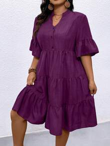 EMERY ROSE Đầm nữ cỡ lớn mùa hè, kiểu dáng đơn giản, màu trơn, cổ chữ V, tay bồng, xếp tầng, thích hợp cho đi nghỉ mát, đi làm hàng ngày. - Màu đỏ tím - Xem 4