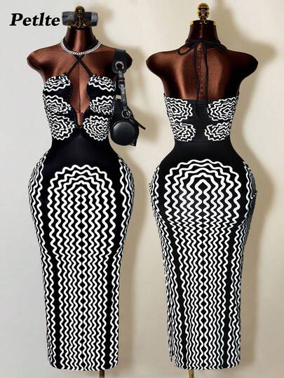 Mistrie 女士优雅性感露背吊带波浪纹连衣裙