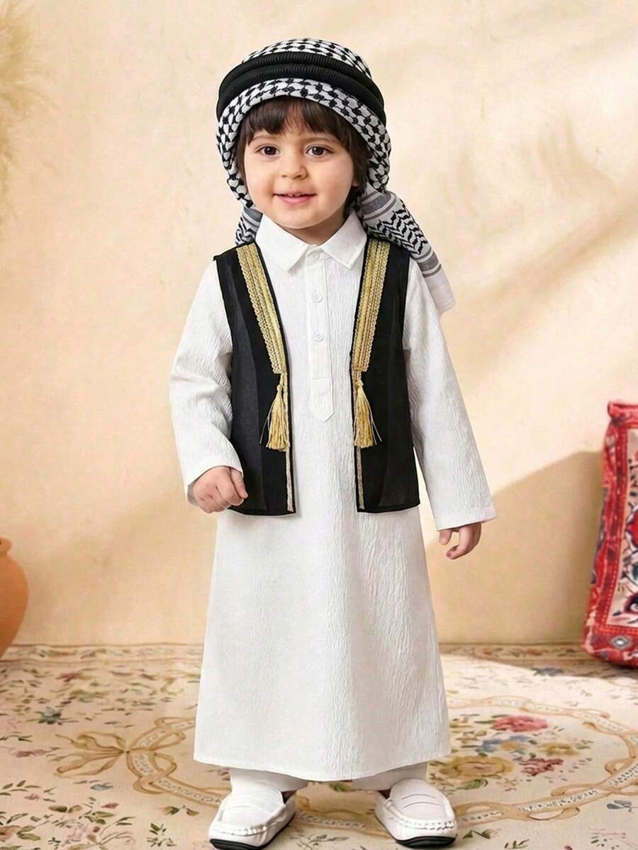 SHEIN 2-Piece Set Young Boys Traditional Casual Sportswear,Retro Art Golden Edge Ribbon Shirt Robe&Cardigan,Autumn Kids Outfits For Wedding,Evening Party - Black and White - View 1
