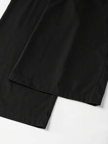 SHEIN Franclia 女士休闲日常办公通勤简约高腰褶裥纽扣装饰宽松阔腿西装裤 - 黑色 - 查看 5