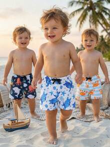 SHEIN Bộ 3 món quần áo trẻ em unisex, bộ đồ bơi và quần short đi biển họa tiết hoạt hình đại dương cho bé trai, thích hợp cho bãi biển, hồ bơi, khu nghỉ dưỡng spa. - Nhiều màu - Xem 3