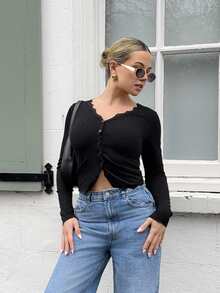 Bethéva Women's Lace Frill Trim Fitted Cardigan Long Sleeve Top - Black - View 4