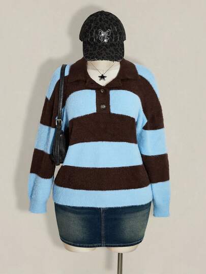 SHEIN ICON Dam Plusstorlek Retro Casual Semesterstil Millennialstil Y2K Blå Brun Bred Randig Krage Polokrage Halvöppen Lös Tröja