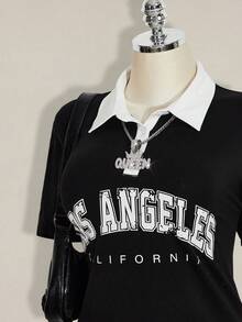 SHEIN ICON 大码女式 Polo 领黑白撞色迷你连衣裙 - 黑色 - 查看 6
