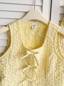 SHEIN Tween Girl Solid Color Crew Neck Sleeveless Shirt And Pants Casual Outfit - Yellow - View 6