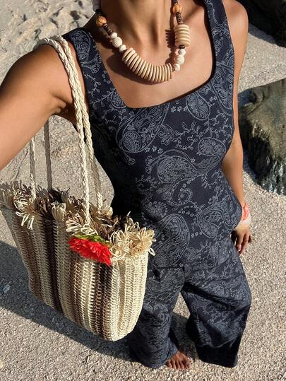 DAZY 2 Stücke Damen bedrucktes Set aus Top mit quadratischem Ausschnitt ohne Ärmel und Hose