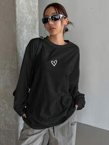 DAZY Áo thun dài tay cổ tròn màu trơn rộng rãi cho nữ, quần áo mùa thu - màu đen - Xem 3