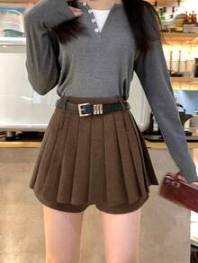 DAZY Gonna corta plissettata di colore unito, stile coreano, autunno/inverno - Castano - Visualizzare 1
