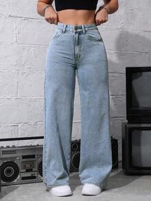 SHEIN ICON Front Button Multi-Pocket Casual Loose Jeans, Daily Wear - Light Wash - View 5