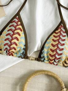 Swim Vcay Spring/Summer Jacquard Knit Triangle Wireless Halter Women Sexy Swimwear Top For Beach Vacation - Multicolor - View 4