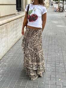 Serisse 女士豹纹弹力腰撞色蕾丝半身裙，时尚度假之选 - 彩色 - 查看 4