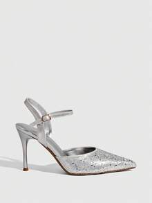 CUCCOO SZL 女士鞋履 时尚春夏尖头细高跟银色水钻踝带性感宴会派对夜店女士高跟鞋露跟鞋女鞋 - 銀色 - 查看 2