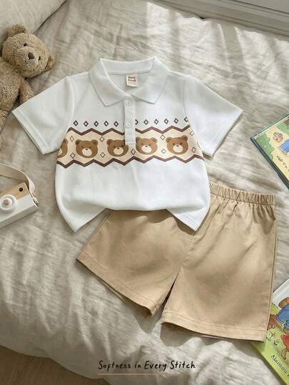 Cozy Pixies 2pcs Baby Boy Cute Casual Preppy Style Polo Shirt And Khaki Shorts Set, Suitable For Birthday Party, Evening Party, Performance, Wedding, Baby Shower, 1st Birthday Celebration Summer Spring To Summer